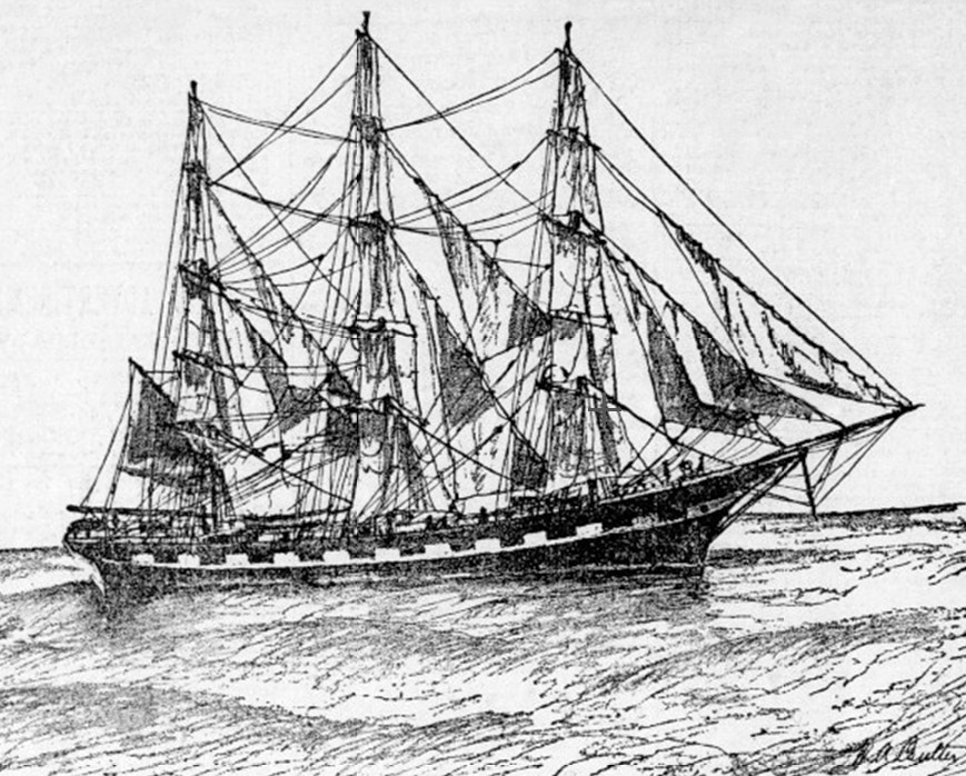 Teckning från 1898 föreställande det engelska skeppet Ravenscrag. Bilden är hämtad från engelskspråkiga Wikipedia, som påpekar att det är osäkert om konstnären faktiskt sett skeppet.